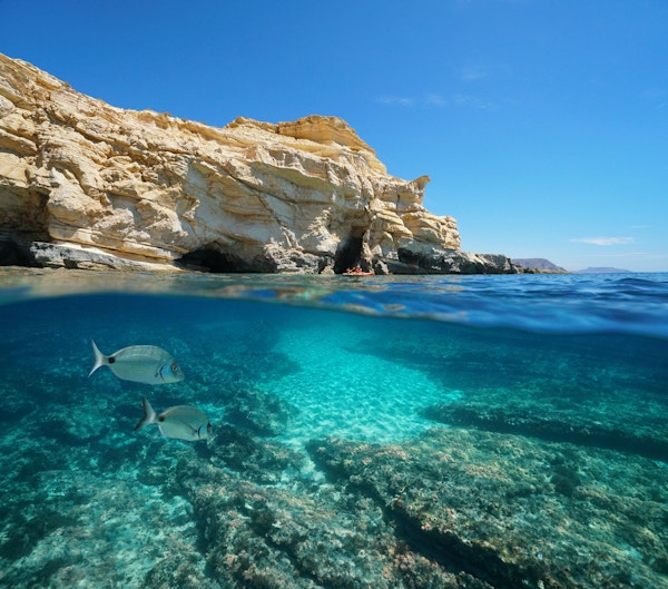 Spanien stenig kust med fisk under vattnet i naturparken Cabo de Gata Nijar nära Las Negras, Medelhavet, Almeria, Andalusien, delad utsikt halv över och under vatten