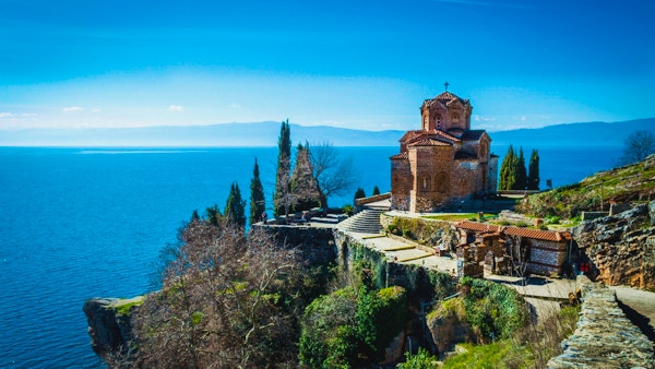 Amazing view over the Church of St. John at Kaneo located over a cliff in the heart of Ohrid (Jerusalem of Europe), Republic of Macedonia.