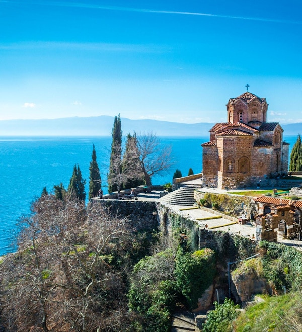 Amazing view over the Church of St. John at Kaneo located over a cliff in the heart of Ohrid (Jerusalem of Europe), Republic of Macedonia.