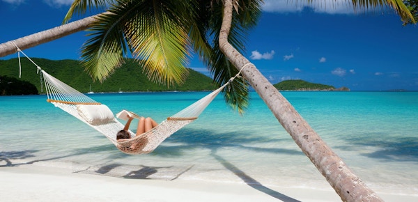 Lady läser bok i hängmatta på stranden mellan palmer