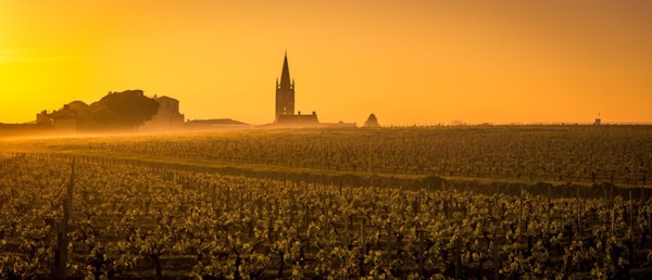 Vingårdar och glödande solnedgång för kyrkliga torn.