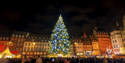 Stor julgran i huvudstaden för jul, Strasbourg stad, Alsace, Frankrike. Noel 2016