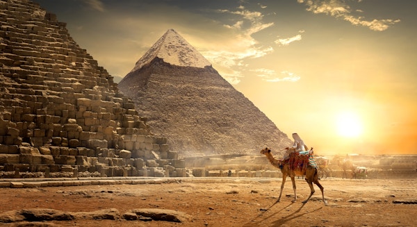 Nomad på kamel nära pyramider i den egyptiska öknen
