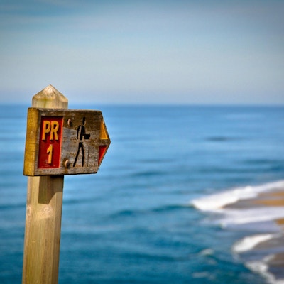 Trail Sign som pekar på stranden.