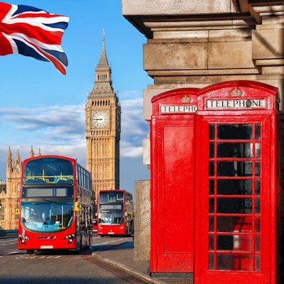 London symbols with BIG BEN, DOUBLE DECKER BUS and red PHONE BOOTHS in England, UK